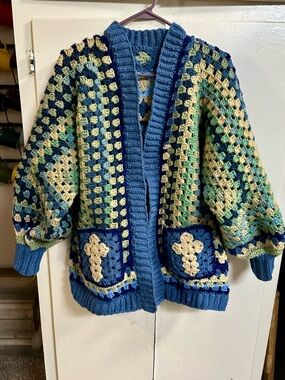 Blue Crochet Granny-Square Cardigan Sweater - Women